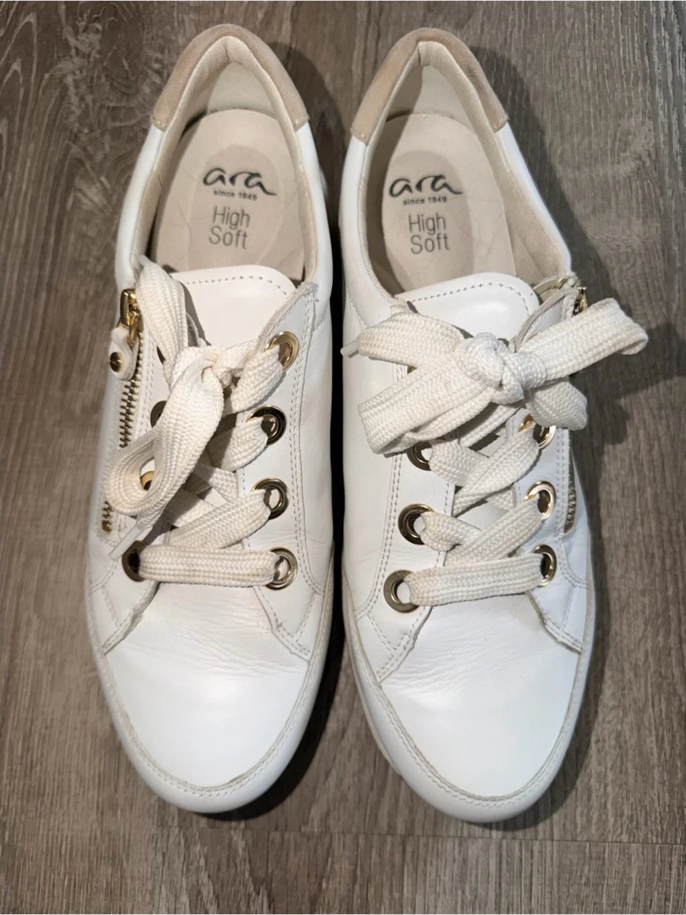 Ara White Leather Lace-Up Sneakers with Gold Accents